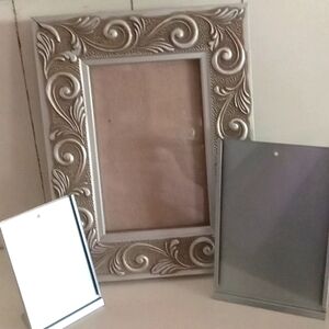 Silver Picture Frame Set,one ornate, two plain metal